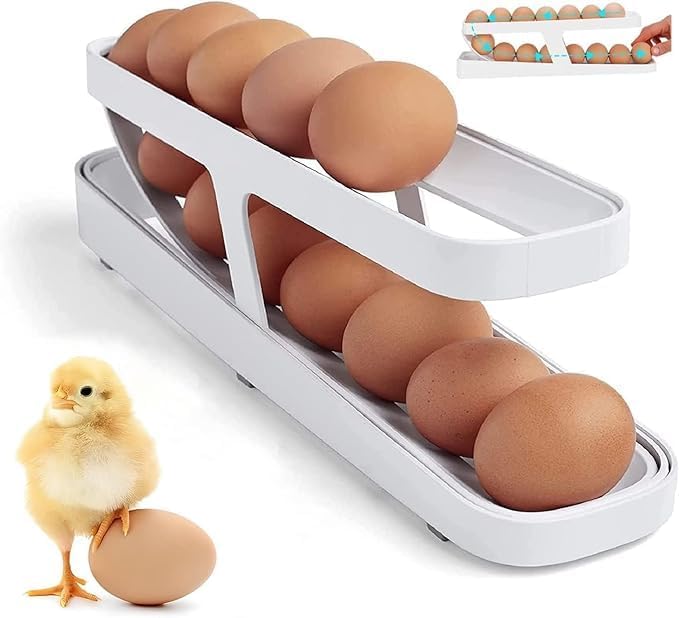 HOMEZSTYLE 2Tier Rolling Egg Dispenser for 1214 Eggs SpaceSaving Tray Holder Storage Rack Basket for Kitchen White - Image 4