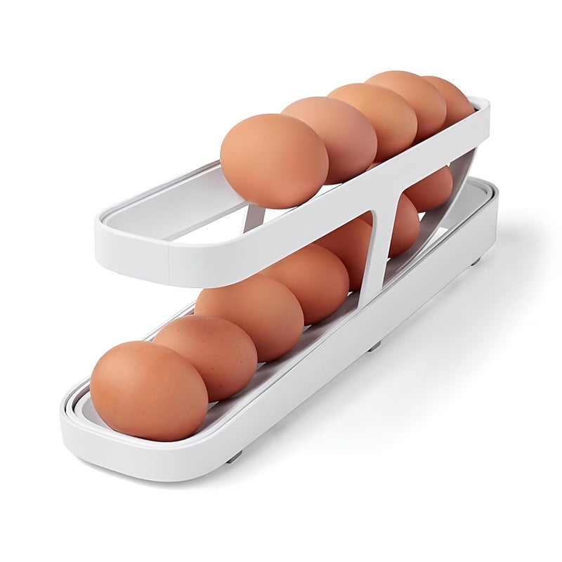 HOMEZSTYLE 2Tier Rolling Egg Dispenser for 1214 Eggs SpaceSaving Tray Holder Storage Rack Basket for Kitchen White - Image 1