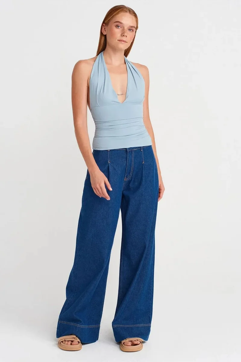 Dilvin Baby Blue DILVIN Slim-fit Halterneck Blouse for Women | Best Price UAE