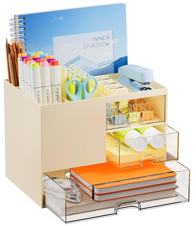 Shuttle Art Pastel Beige Desk Organizer with 3 Drawers|Multi-Functional Stationery Organizer for Study Table, Office Desk, Makeup Storage & Work-from-Home Setups|Aesthetic Desktop Storage Box,Plastic - Image 3