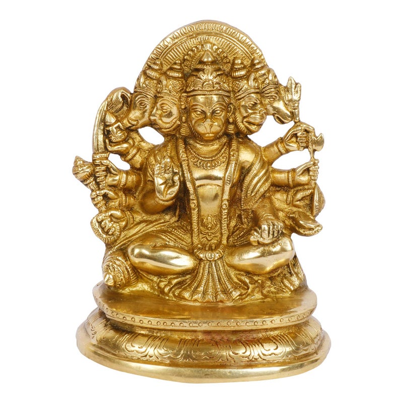 Kartique Brass God Bajrangbali Sankat Mochan Panchmukhi Hanuman Idol Statue Murti for Home Office Entrance Decor Temple Mandir Pooja Puja Gold 7 Inches - Image 2