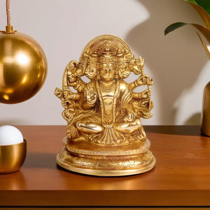Kartique Brass God Bajrangbali Sankat Mochan Panchmukhi Hanuman Idol Statue Murti for Home Office Entrance Decor Temple Mandir Pooja Puja Gold 7 Inches - Image 1