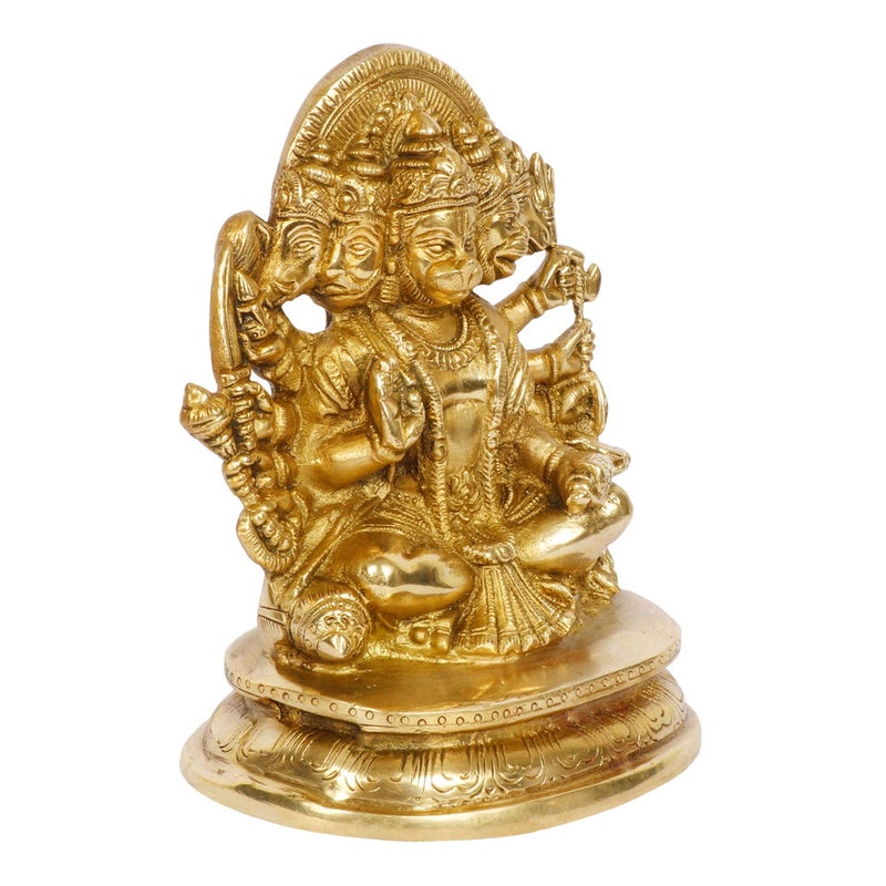 Kartique Brass God Bajrangbali Sankat Mochan Panchmukhi Hanuman Idol Statue Murti for Home Office Entrance Decor Temple Mandir Pooja Puja Gold 7 Inches - Image 3