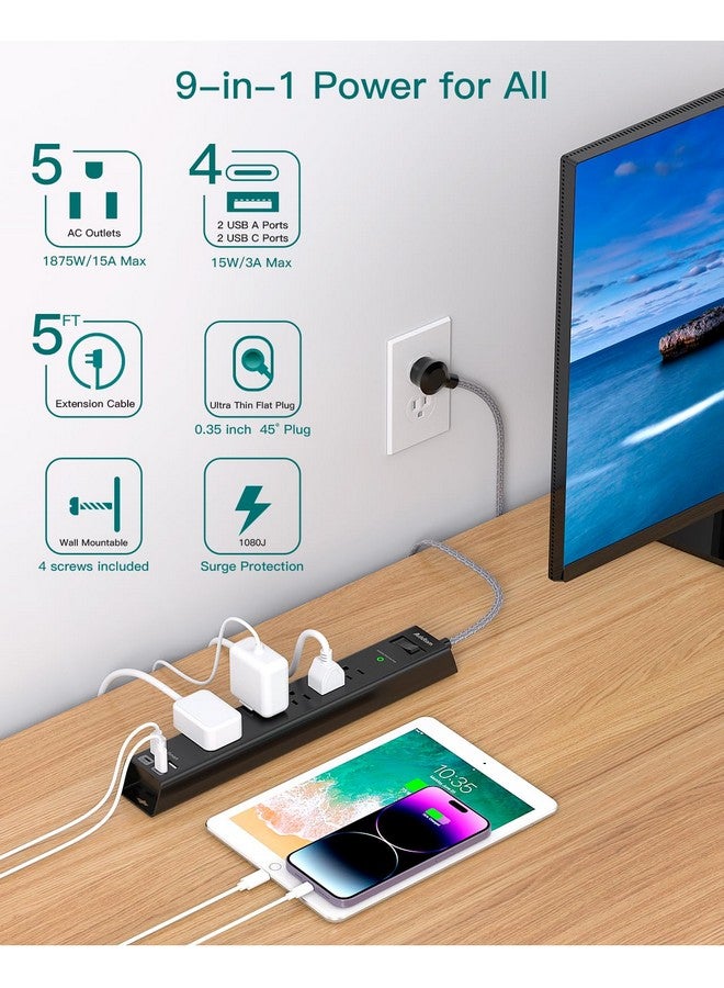 Addtam 2 Pack Power Strip Surge Protector with USB C - Extension Cord with 5 Widely Outlets 4 USB Ports (1875W/15A), Wall Mount, Flat Plug, Desk Charging Station for Home Office College Dorm Room Essentials - Image 2