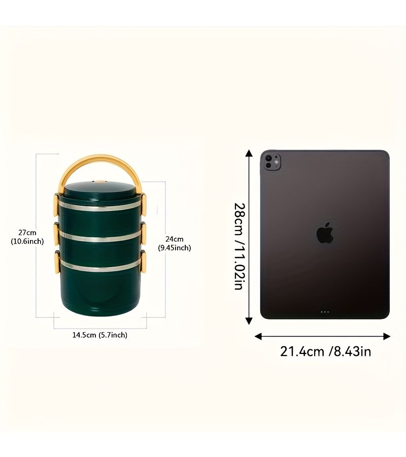 Stainless Steel 3 Tier Green Insulated Lunch Box Portable For Camping Picnic Daily Meals - Image 3