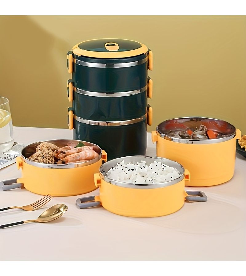 Stainless Steel 3 Tier Green Insulated Lunch Box Portable For Camping Picnic Daily Meals - Image 1