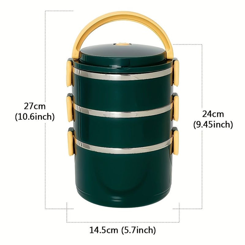 Stainless Steel 3 Tier Green Insulated Lunch Box Portable For Camping Picnic Daily Meals - Image 4
