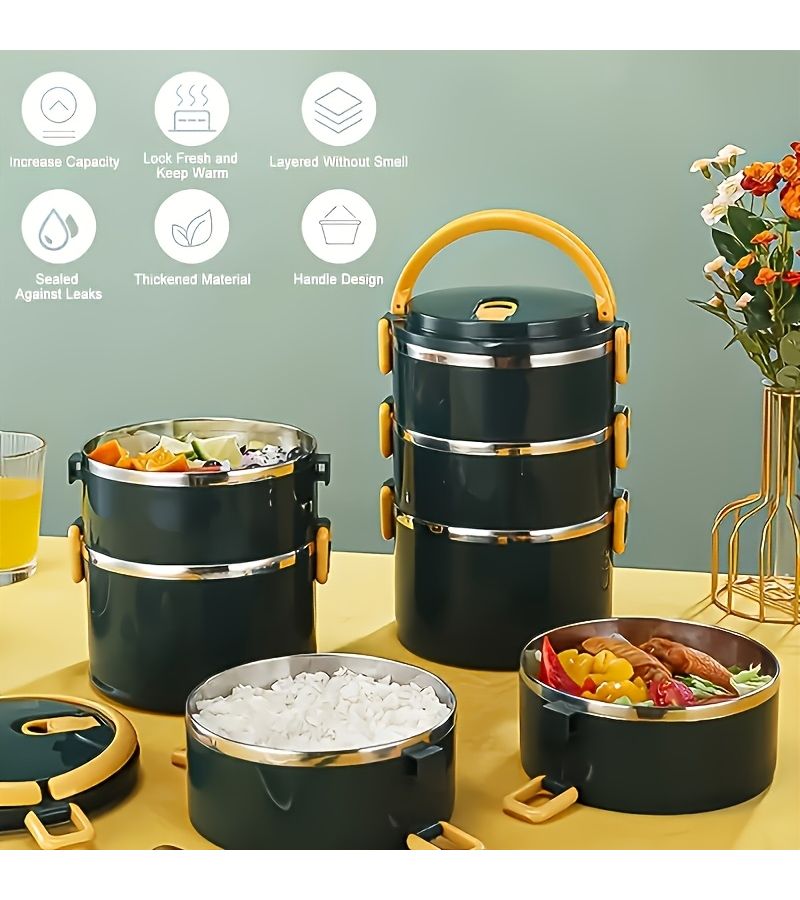 Stainless Steel 3 Tier Green Insulated Lunch Box Portable For Camping Picnic Daily Meals - Image 2