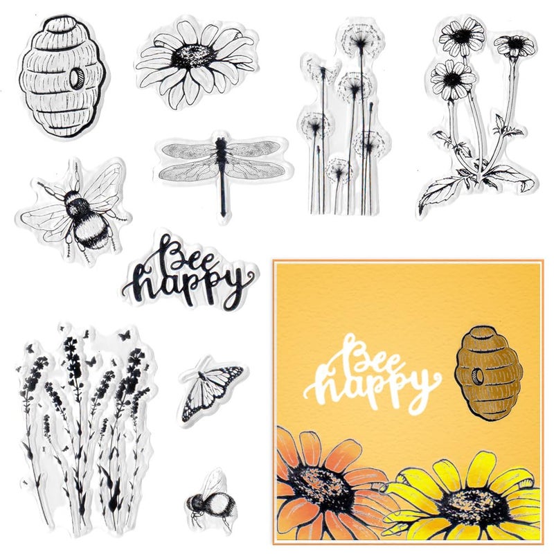 Bee Happy Nest Dragonfly Clear Stamp Silicone Stamp Cards with Sentiments Flowers ButterflyGreeting Words Pattern for Holiday Card Making Decoration and DIY Scrapbooking Album DIY Crafts