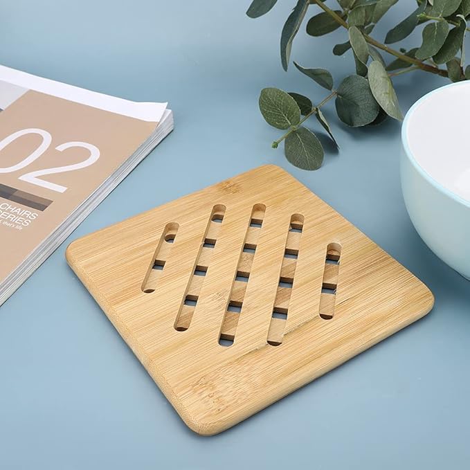 PASHANDOZ Eco-Friendly Wood Trivet Mat Multi Function Kitchen Bamboo and Wood Dining Table Mat Hot Pads Tool for Hot Dishes Pot Bowl Teapot Coaster Holders (Wavy Square) - Image 4