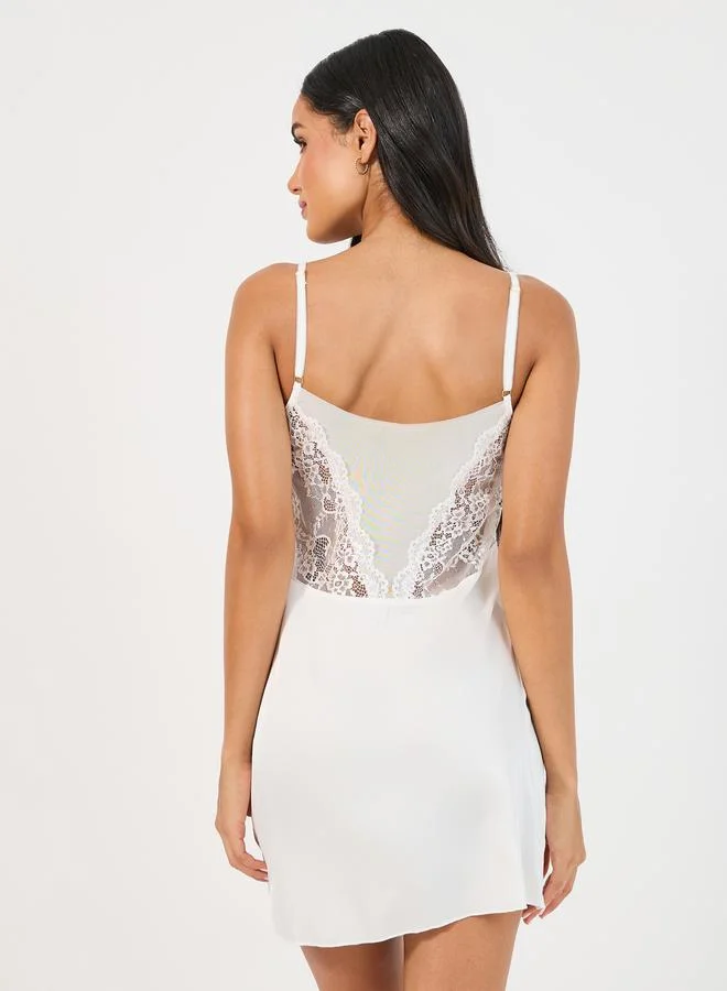 Styli Styli Lace Cup Deep V Mesh Insert Back Satin Slip Dress