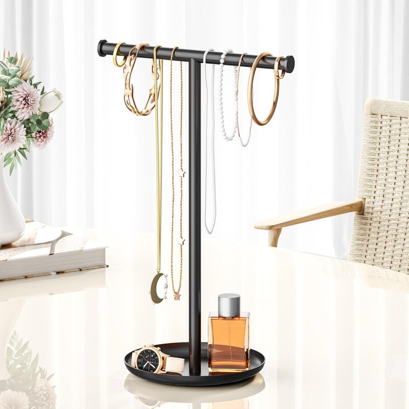 Jasopaco Necklace Organizer Stand with Storage Tray - 12.6" Tall T-Shaped Jewelry Holder Stand for Bracelets, Earrings, Rings | Stylish Home & Vanity Décor for Women, Black. - Image 2