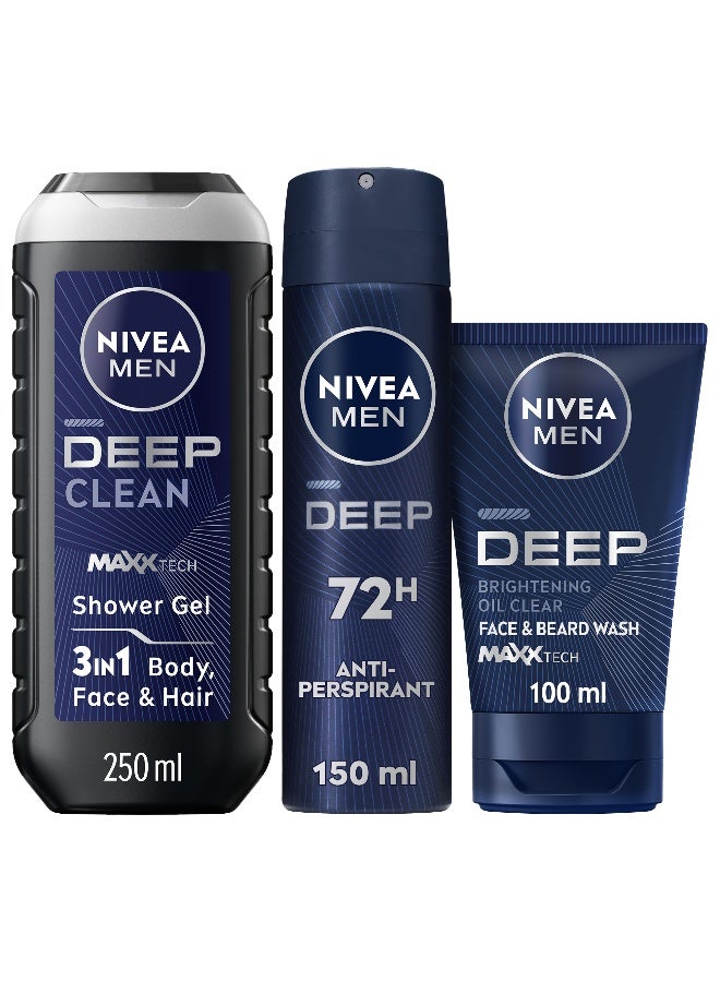 Nivea Men Deep Cleansing Face And Beard Wash, 100ml + Men Deep Spray 150ml + Men Deep Shower Gel - Image 1