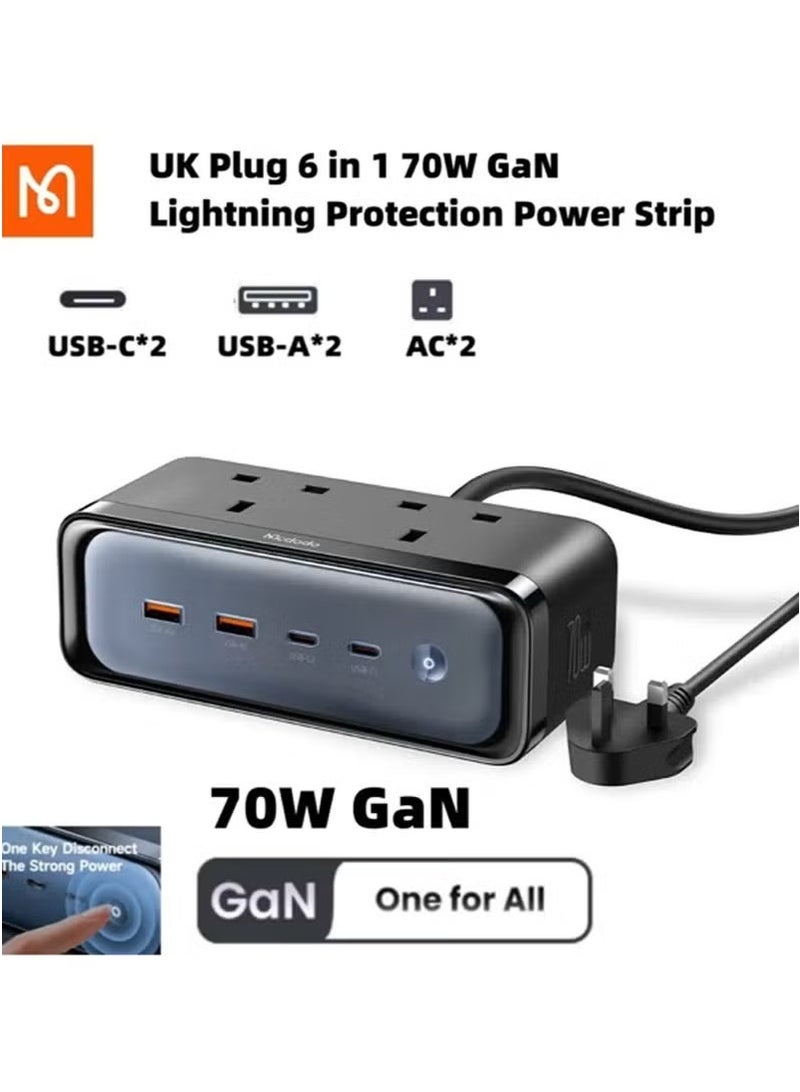 Raxoom CH-459 6-in-1 Power Strip with 70W GaN Fast Charging | Surge & Lightning Protection | 3 AC Outlets + 3 USB Ports (Type-A & Type-C) | Compact Multi-Outlet Extension with Smart Charging | Safe & Travel-Friendly Power Solution  - Image 2