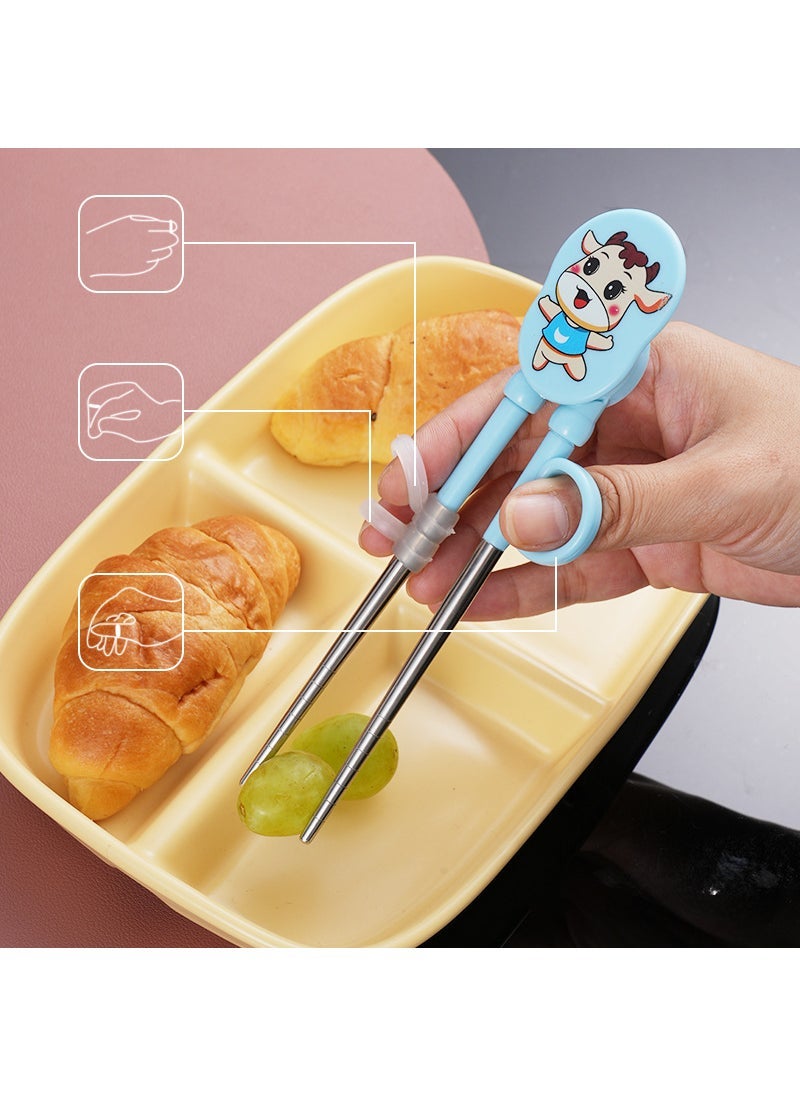 1 x 5 pcs Kids Training Chopsticks Cartoon 304 Stainless Steel blue calf 