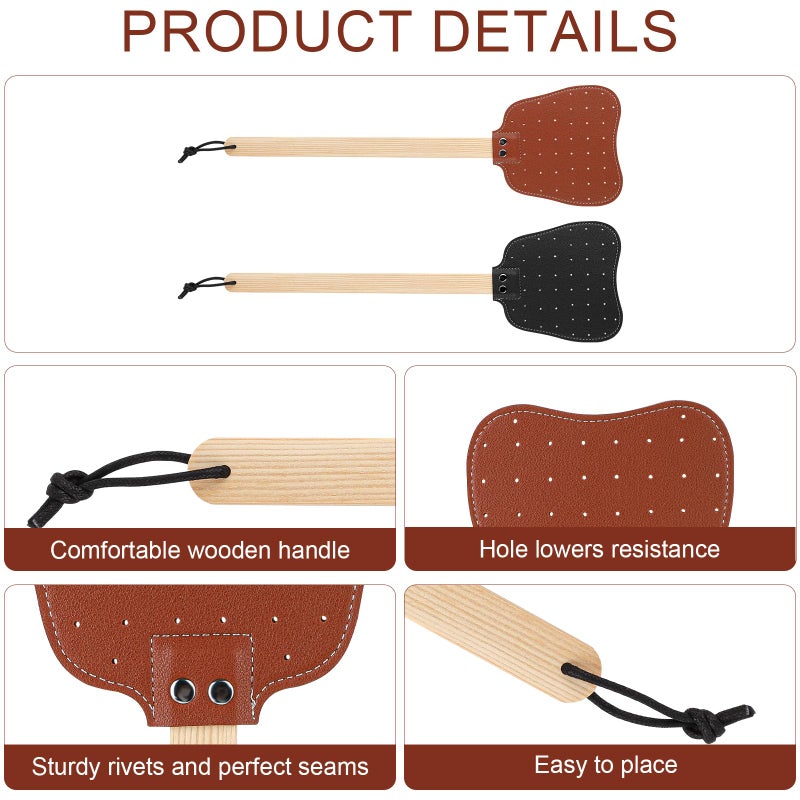 XIHIRCD 2pcs Leather Fly Swatters, Long Wooden Handle Manual Fly Swatters with Hanging Rope Heavy Duty Practical Leather Fly Swatters Indoors for Fly Mosquitoes Bees(Black, Brown) - Image 4