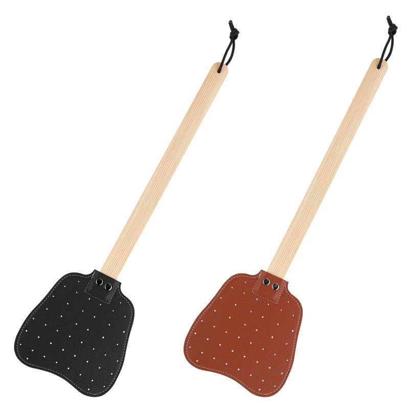 XIHIRCD 2pcs Leather Fly Swatters, Long Wooden Handle Manual Fly Swatters with Hanging Rope Heavy Duty Practical Leather Fly Swatters Indoors for Fly Mosquitoes Bees(Black, Brown) - Image 1