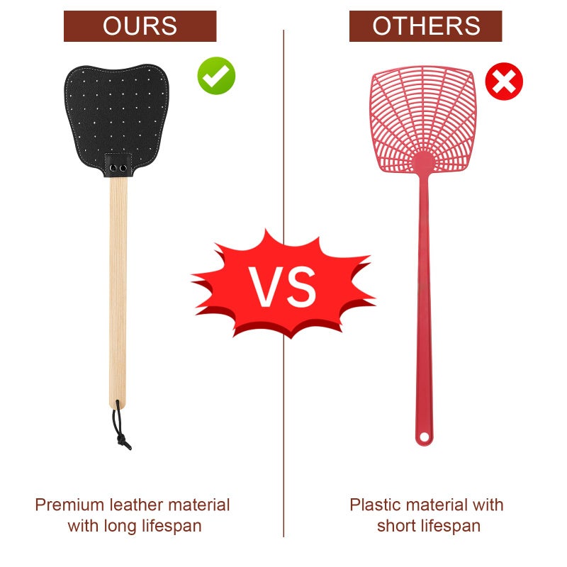 XIHIRCD 2pcs Leather Fly Swatters, Long Wooden Handle Manual Fly Swatters with Hanging Rope Heavy Duty Practical Leather Fly Swatters Indoors for Fly Mosquitoes Bees(Black, Brown) - Image 3