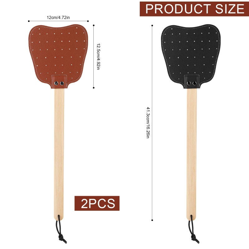 XIHIRCD 2pcs Leather Fly Swatters, Long Wooden Handle Manual Fly Swatters with Hanging Rope Heavy Duty Practical Leather Fly Swatters Indoors for Fly Mosquitoes Bees(Black, Brown) - Image 2