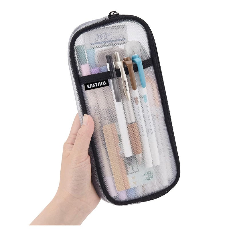 EASTHILL Grid Mesh Pen Pencil Case with Zipper Clear Makeup Color Pouch Cosmetics Bag MultiPurpose Travel School Teen Girls and Boys Transparent Stationary Bag Office Organizer Box for AdlutsWhite