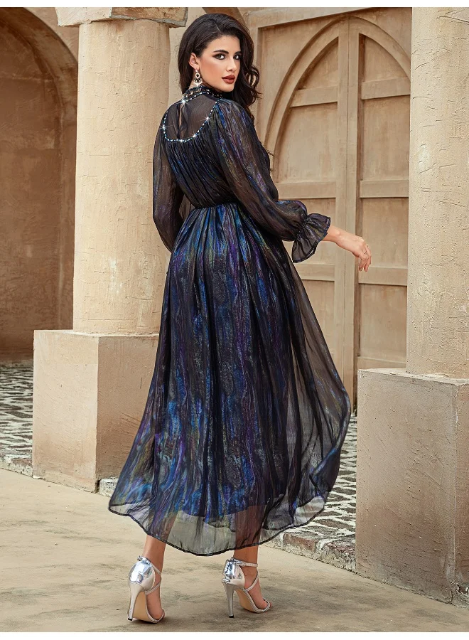 Madam Uniq Fashion Multicolor Gradient Semi-High Neck Hand-Embellished Crystal Tulle Maxi Skirt