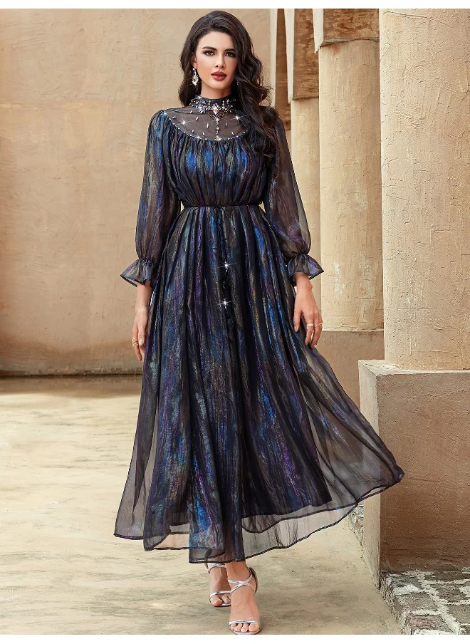 Madam Uniq Fashion Multicolor Gradient Semi-High Neck Hand-Embellished Crystal Tulle Maxi Skirt