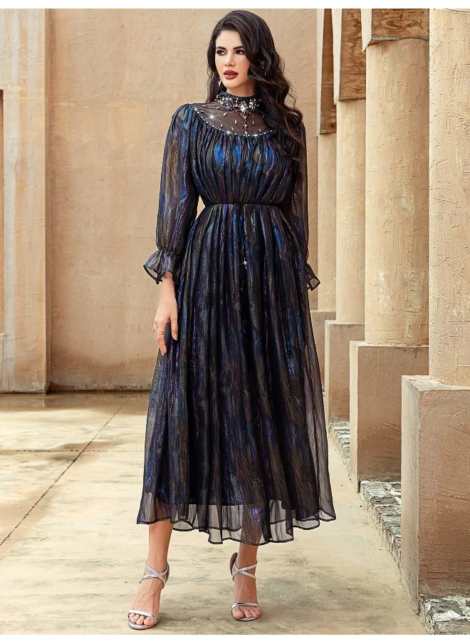 Madam Uniq Fashion Multicolor Gradient Semi-High Neck Hand-Embellished Crystal Tulle Maxi Skirt