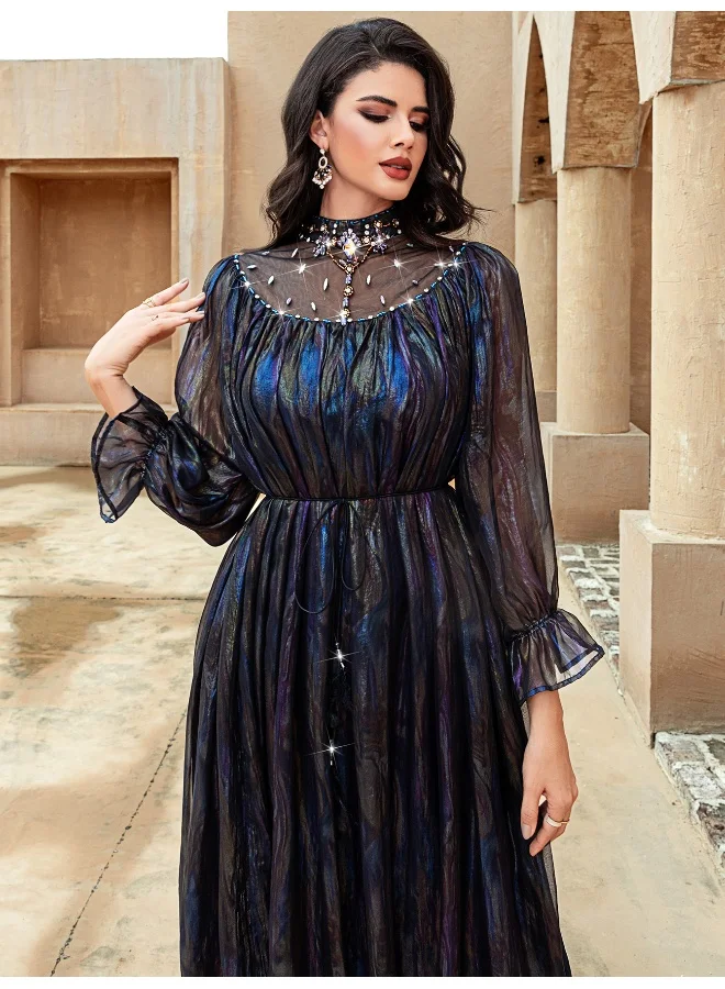 Madam Uniq Fashion Multicolor Gradient Semi-High Neck Hand-Embellished Crystal Tulle Maxi Skirt