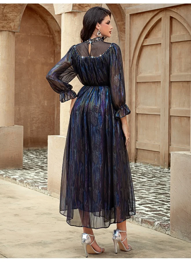 Madam Uniq Fashion Multicolor Gradient Semi-High Neck Hand-Embellished Crystal Tulle Maxi Skirt