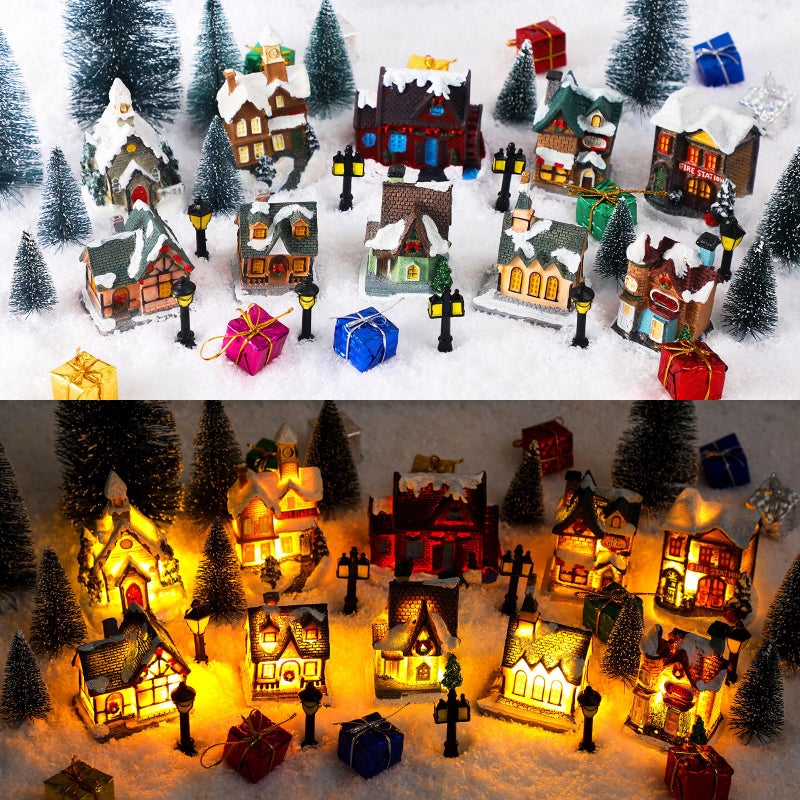 Shappy 48 Pcs Christmas Village Houses Town Buildings Accessories 10 Light up Christmas Village House 12 Mini Trees 12 LED Lights 2 Snow Blanket Box for DIYClassical Style - Image 2