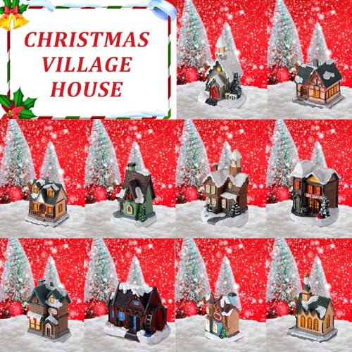Shappy 48 Pcs Christmas Village Houses Town Buildings Accessories 10 Light up Christmas Village House 12 Mini Trees 12 LED Lights 2 Snow Blanket Box for DIYClassical Style - Image 3