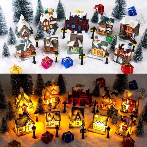 Shappy 48 Pcs Christmas Village Houses Town Buildings Accessories 10 Light up Christmas Village House 12 Mini Trees 12 LED Lights 2 Snow Blanket Box for DIYClassical Style - Image 1