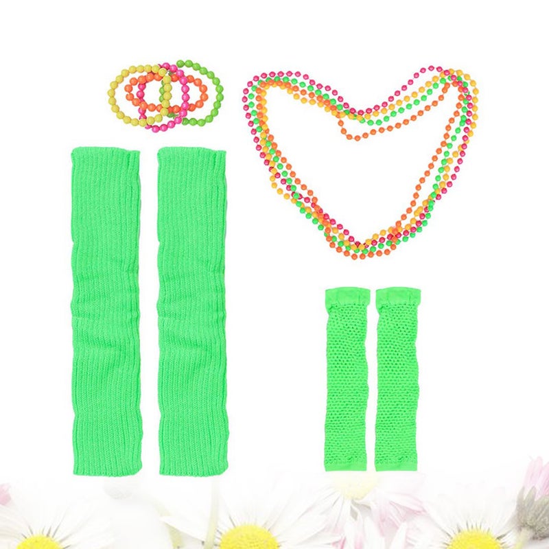2pcs 80's Neon Necklace Bracelets Fingerless Fishnet Gloves Leg Sleeves for 80's Party (Light Green) - Image 1