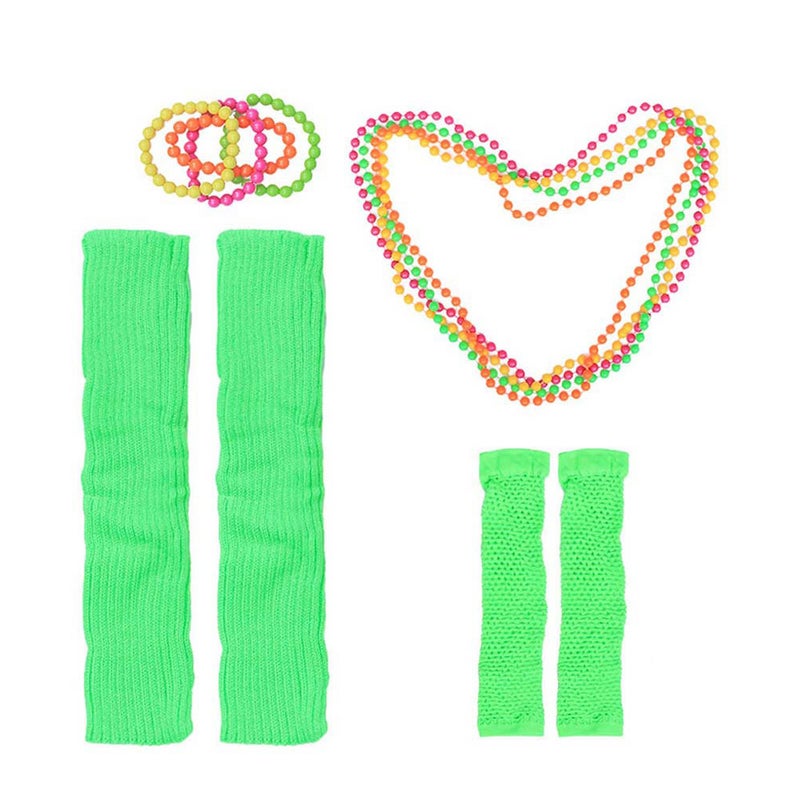 2pcs 80's Neon Necklace Bracelets Fingerless Fishnet Gloves Leg Sleeves for 80's Party (Light Green) - Image 2