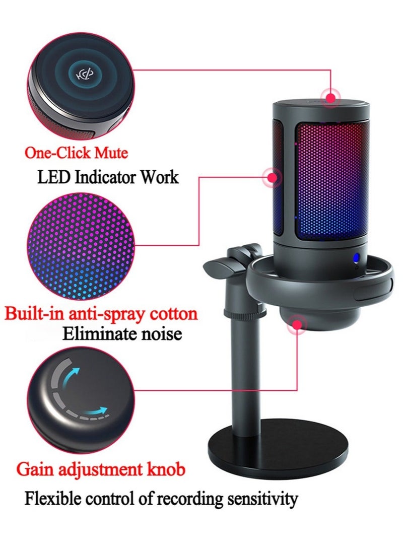 Microphone PC, Podcast Microphone w/ RGB Light, Mute on, Gain Knob PS4/5, Mac, Phone, Gaming Mic w/ Pop Filter, Metal Stand, Headphones Jack Streaming, Recording, Chat - Image 3