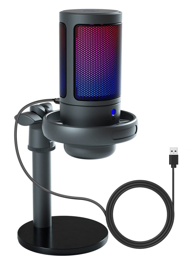 Microphone PC, Podcast Microphone w/ RGB Light, Mute on, Gain Knob PS4/5, Mac, Phone, Gaming Mic w/ Pop Filter, Metal Stand, Headphones Jack Streaming, Recording, Chat - Image 1