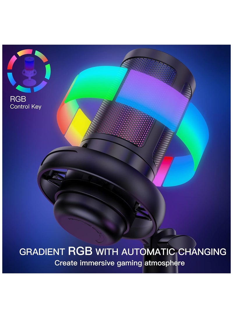 Microphone PC, Podcast Microphone w/ RGB Light, Mute on, Gain Knob PS4/5, Mac, Phone, Gaming Mic w/ Pop Filter, Metal Stand, Headphones Jack Streaming, Recording, Chat - Image 5