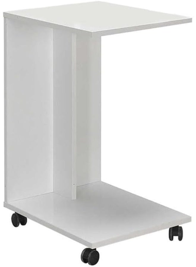 white C-Shaped Side Table Melamine with Wheels 35x45x65cm Rolling Casters, Bottom Shelf, Reinforced Frame, Home & Office Use, Easy Assembly - Image 2