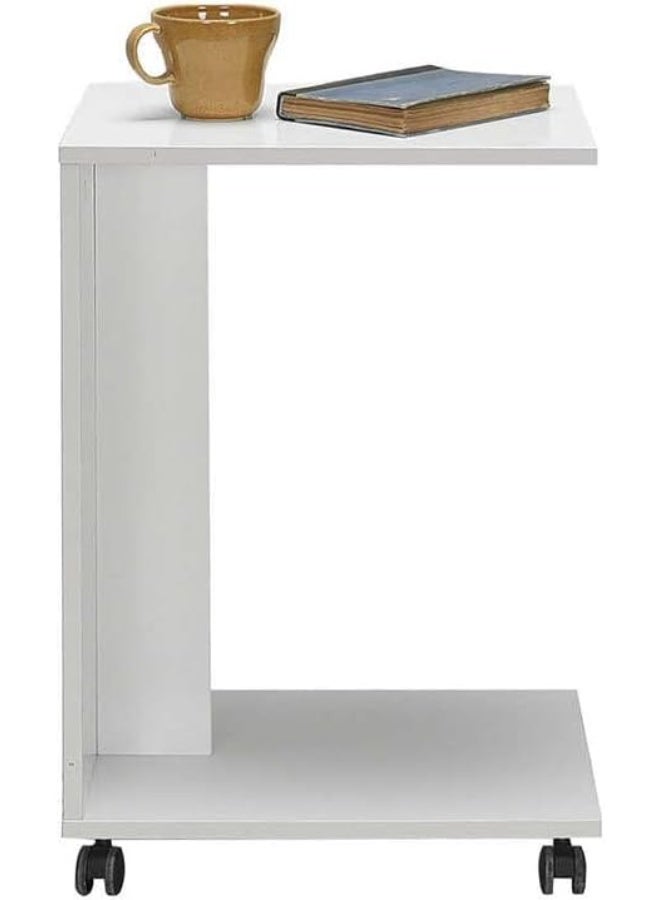 white C-Shaped Side Table Melamine with Wheels 35x45x65cm Rolling Casters, Bottom Shelf, Reinforced Frame, Home & Office Use, Easy Assembly - Image 1