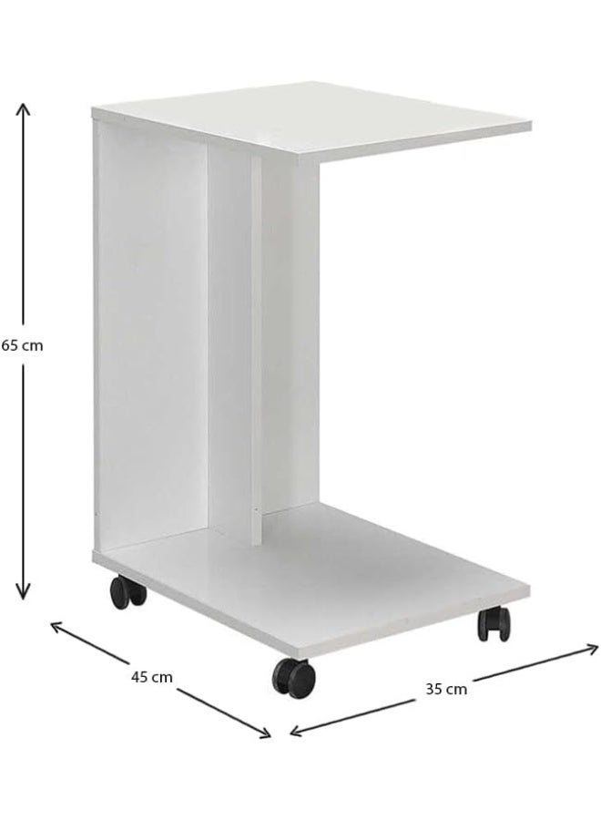 white C-Shaped Side Table Melamine with Wheels 35x45x65cm Rolling Casters, Bottom Shelf, Reinforced Frame, Home & Office Use, Easy Assembly - Image 3