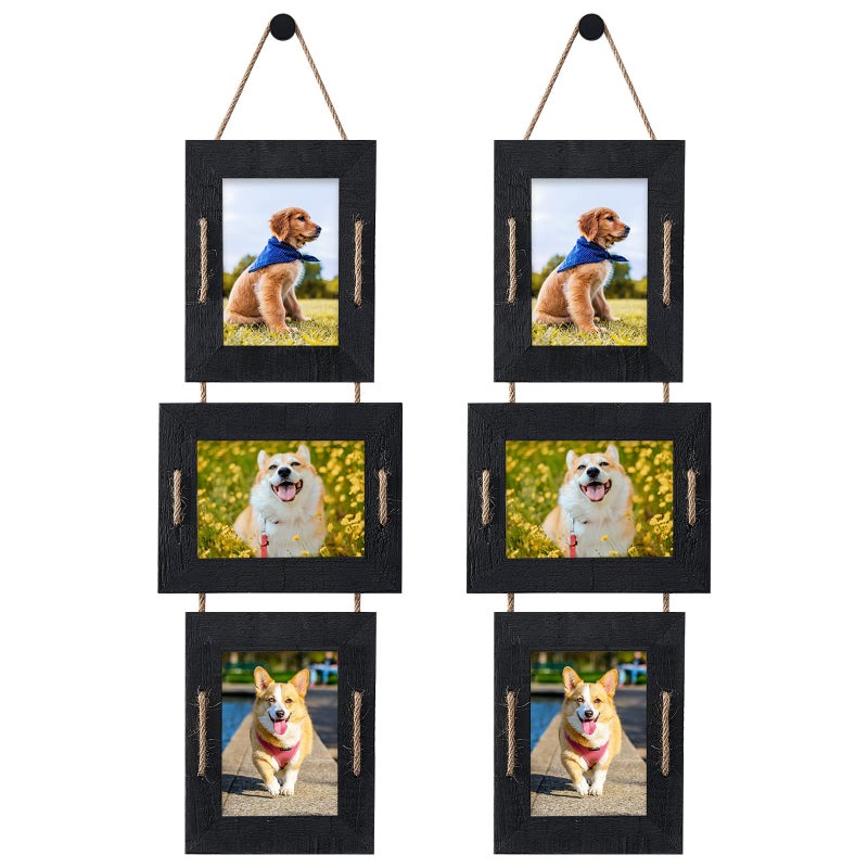 ABSWHLM 5x7 Hanging Picture Frames Rustic Solid Wood 3 Opening Picture Frame Collage Wall Mounted Set Display 4x6 Pictures with Mat or 5x7 Without Mat Weathered Black 2Pack