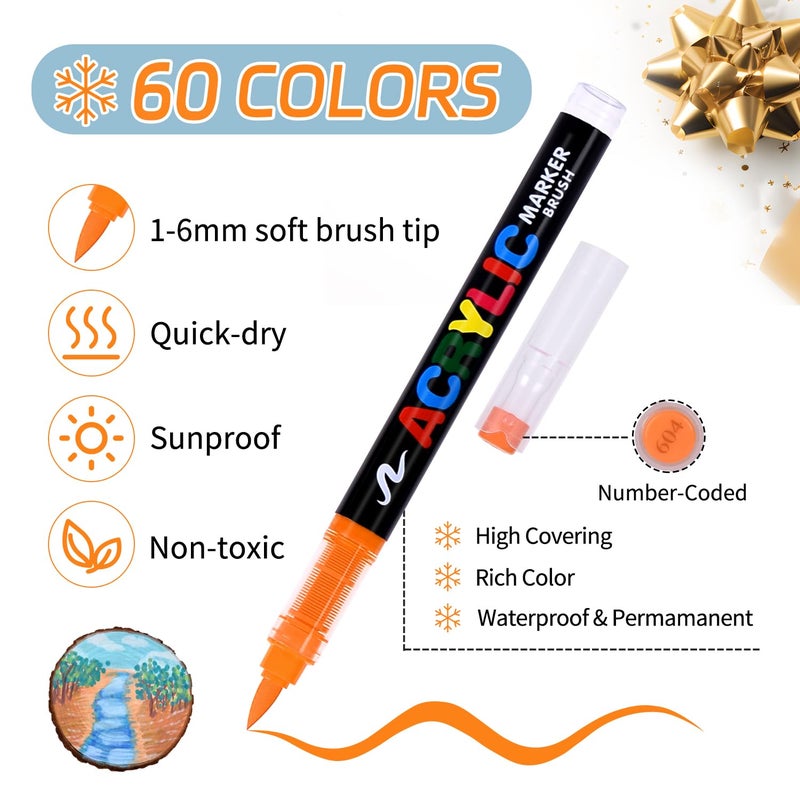 colourmotor أقلام أكريليك ملونة 60 لون، أقلام طلاء أكريليك برأس فرشاة ناعمة، تحكم تلقائي في الحبر، أقلام طلاء أكريليك للرسم على القماش، الرسم على الصخور، الخشب، الحجر، الزجاج، السيراميك، الحرف اليدوية - Image 2