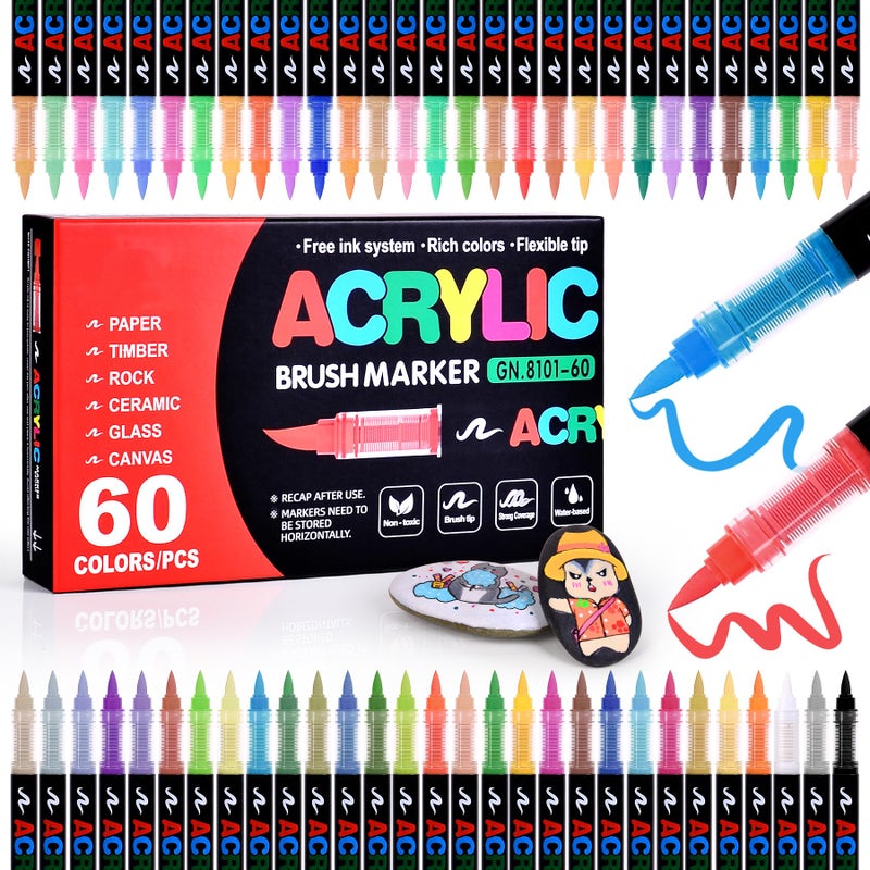 colourmotor أقلام أكريليك ملونة 60 لون، أقلام طلاء أكريليك برأس فرشاة ناعمة، تحكم تلقائي في الحبر، أقلام طلاء أكريليك للرسم على القماش، الرسم على الصخور، الخشب، الحجر، الزجاج، السيراميك، الحرف اليدوية - Image 1