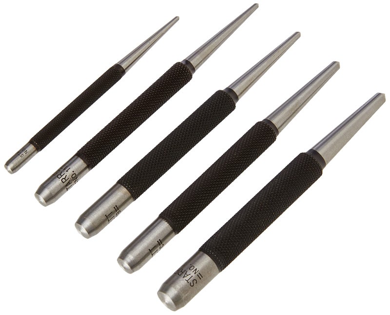 Starrett Steel Center Punch with Round Shank and Knurled Finger Grip - Hardened and Tempered Steel, 0-4-inch Length, 1/16, 5/64, 3/32, 1/8, 5/32 Diameter Tapered Point, 5 Pieces - S117PC - Image 1