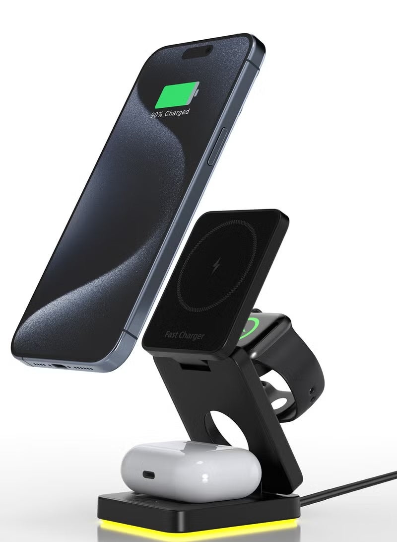 Fast Wireless Charger, Magnetic Foldable 3 in 1 Charging Station compatible with iPhone 16/15/14/13/12/Pro/Plus/Pro Max,15W Portable Charger for Apple Watch10/9/8/7/6/5/4/3/SE, compatible with Airpods3/2/Pro Black
