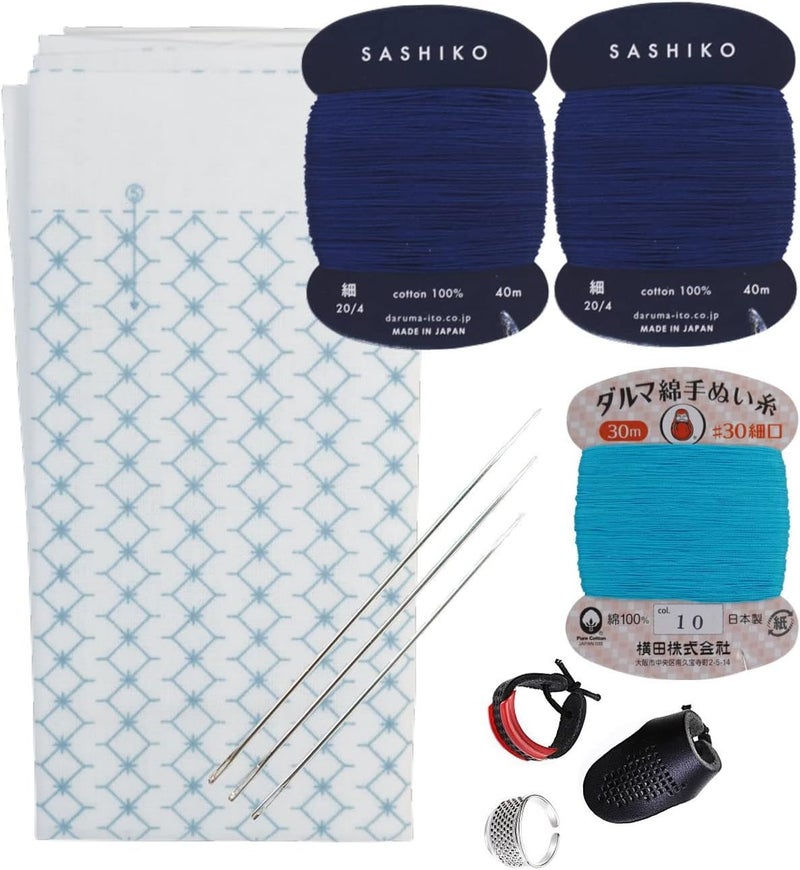 Daruma Hitomezashi Sashiko Kit – Premium Japanese Made Needle and Thread Kit with Sashiko Fukin, Thread, Needles, Thimble – Ready to Use Set (Joined Diamond Pattern) - Image 1
