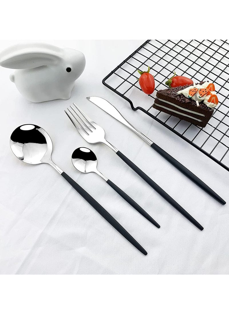 Avrini Avrini 24 piece Cutlery Set, 304 Stainless Steel Fork Spoon Knife Dining, Dinnerware, Flatware Set, Silverware, Tableware Set, Gift Box Set. (Black + Silver)  - Image 1