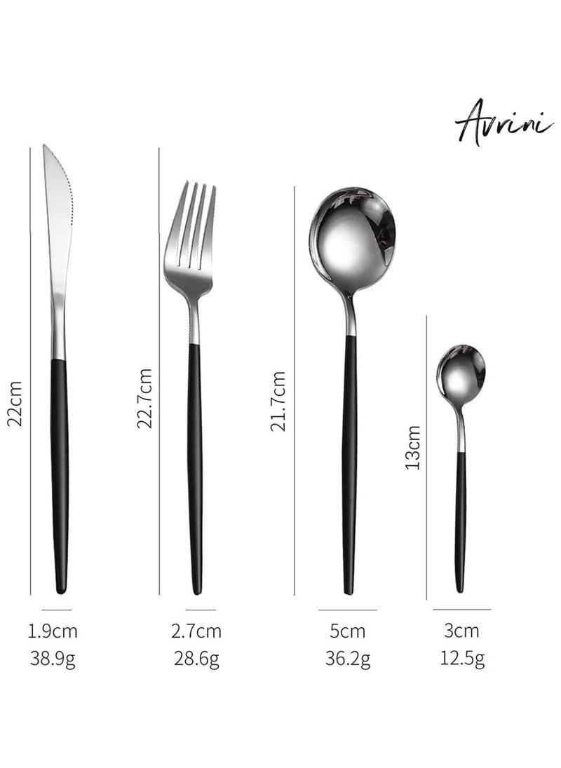 Avrini Avrini 24 piece Cutlery Set, 304 Stainless Steel Fork Spoon Knife Dining, Dinnerware, Flatware Set, Silverware, Tableware Set, Gift Box Set. (Black + Silver)  - Image 3