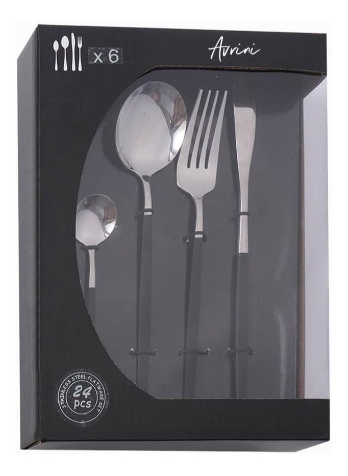 Avrini Avrini 24 piece Cutlery Set, 304 Stainless Steel Fork Spoon Knife Dining, Dinnerware, Flatware Set, Silverware, Tableware Set, Gift Box Set. (Black + Silver)  - Image 4