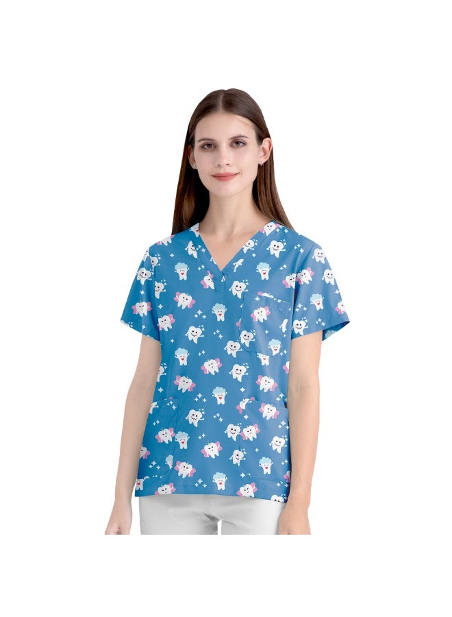 NIBEMINENT Elastic Teeth Dental Christmas Cartoon Pattern Short Sleeved Women's V-Neck Printed Top Nurse Uniform - Image 1
